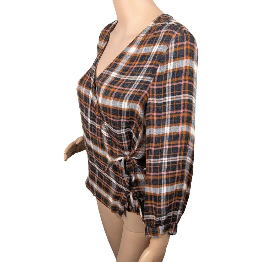 Madewell Plaid Crinkle Gauze Side Tie Wrap Puff Sleeve Top Brown Black XS